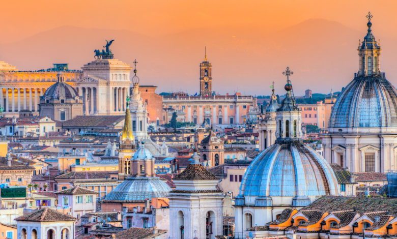 Wonderful view of Rome skyline at sunset, Italy